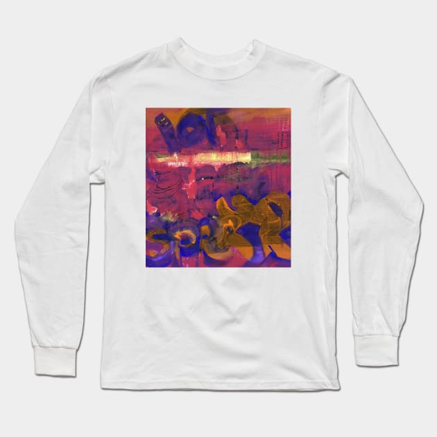 Abstract colorful background with hand-painted texture. Red-violet-pink painting with splashes, drops of paint, paint smears, letters. Design for the  fabric, wallpapers, covers and packaging. Long Sleeve T-Shirt by Olesya Pugach